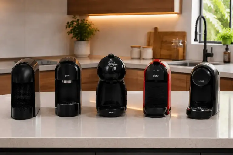 Cinco cafeteiras de cápsula alinhadas sobre bancada de cozinha