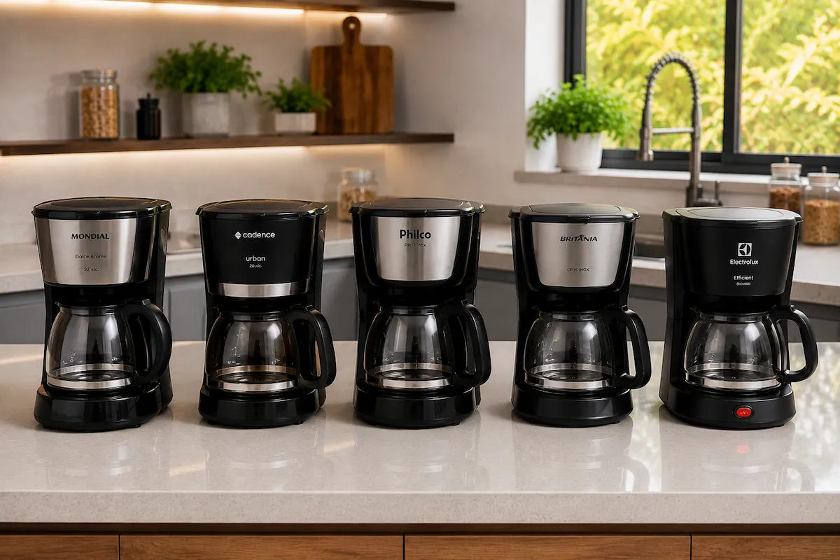 Cinco cafeteiras elétricas de filtro alinhadas sobre bancada de cozinha