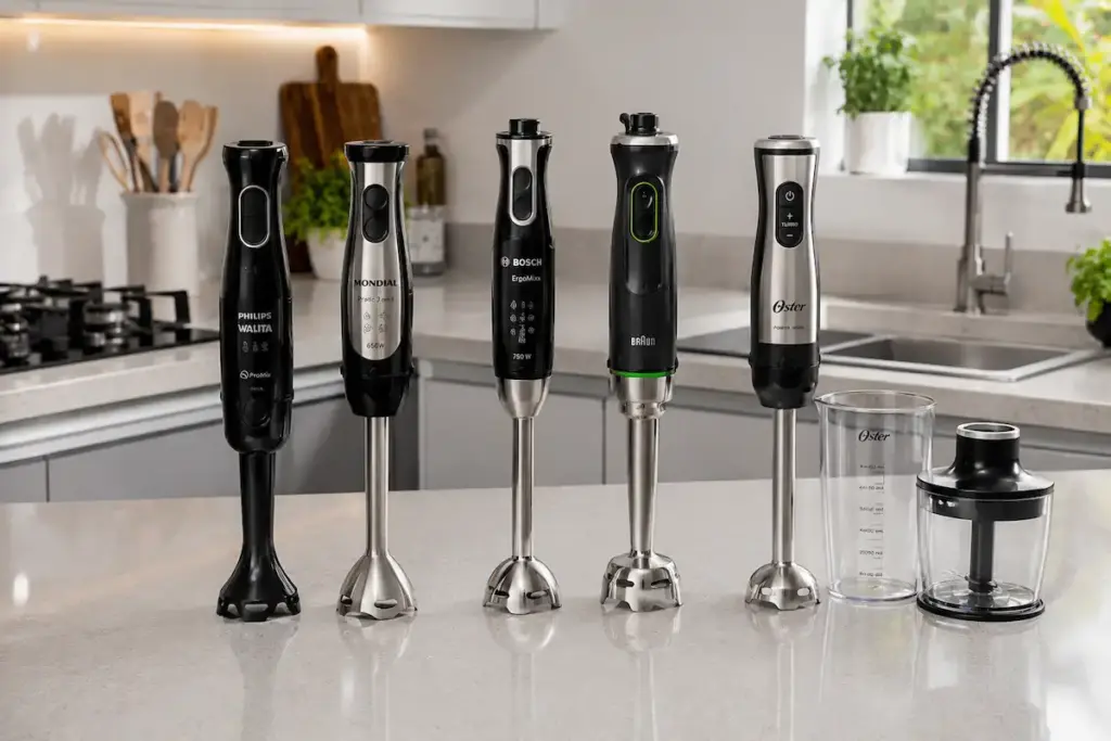 Cinco mixers de imersão sobre bancada de cozinha