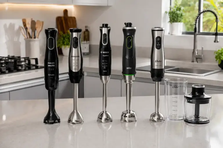 Cinco mixers de imersão sobre bancada de cozinha