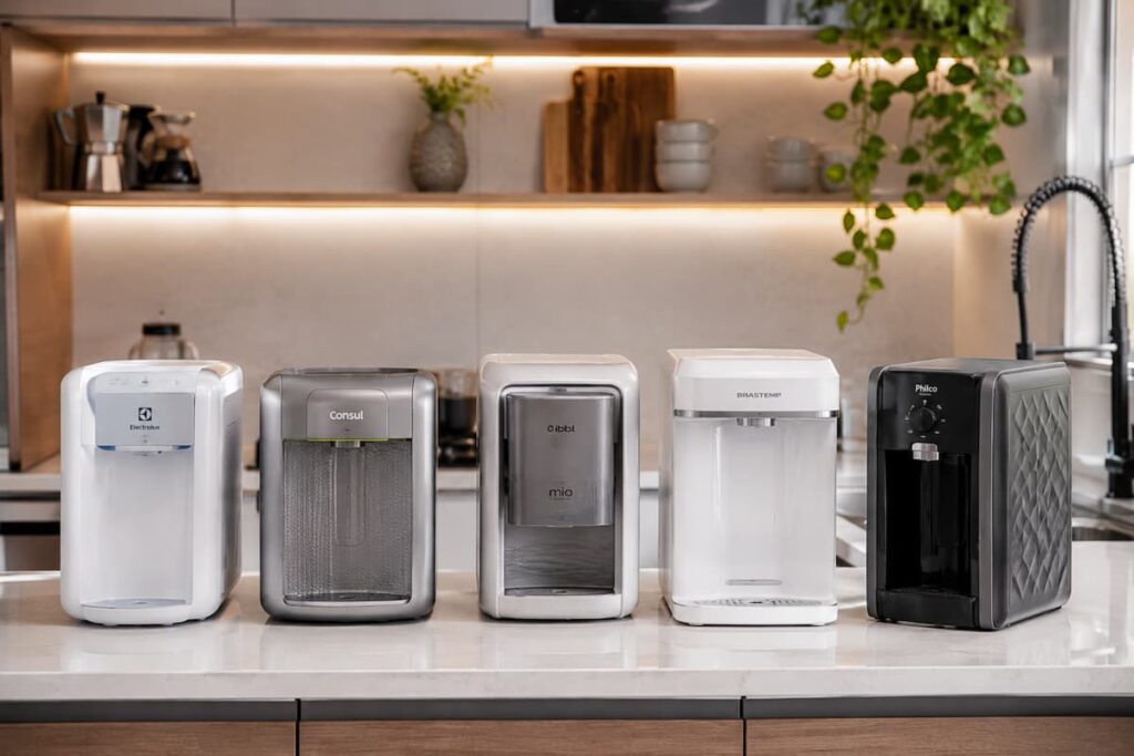 Cinco purificadores de água sobre bancada de cozinha moderna