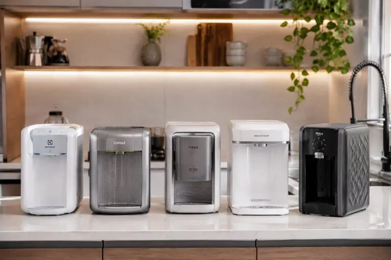 Cinco purificadores de água sobre bancada de cozinha moderna