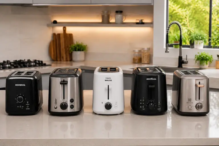 Cinco torradeiras elétricas alinhadas sobre bancada de cozinha