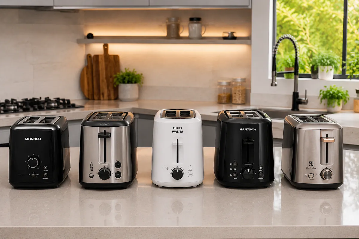 Cinco torradeiras elétricas alinhadas sobre bancada de cozinha