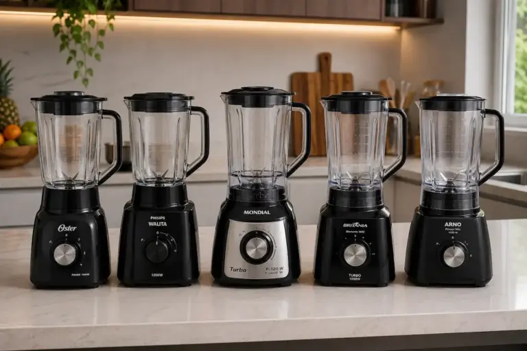 Liquidificadores Oster, Philips Walita, Mondial, Britânia e Arno lado a lado na bancada da cozinha
