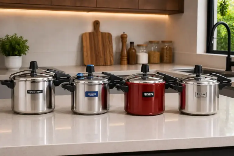 Panelas de pressão Tramontina, Brinox, Nigro e Eirilar lado a lado na bancada da cozinha