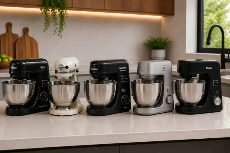 Batedeiras planetárias Oster, KitchenAid, Mondial, Electrolux e Philco lado a lado na bancada da cozinha