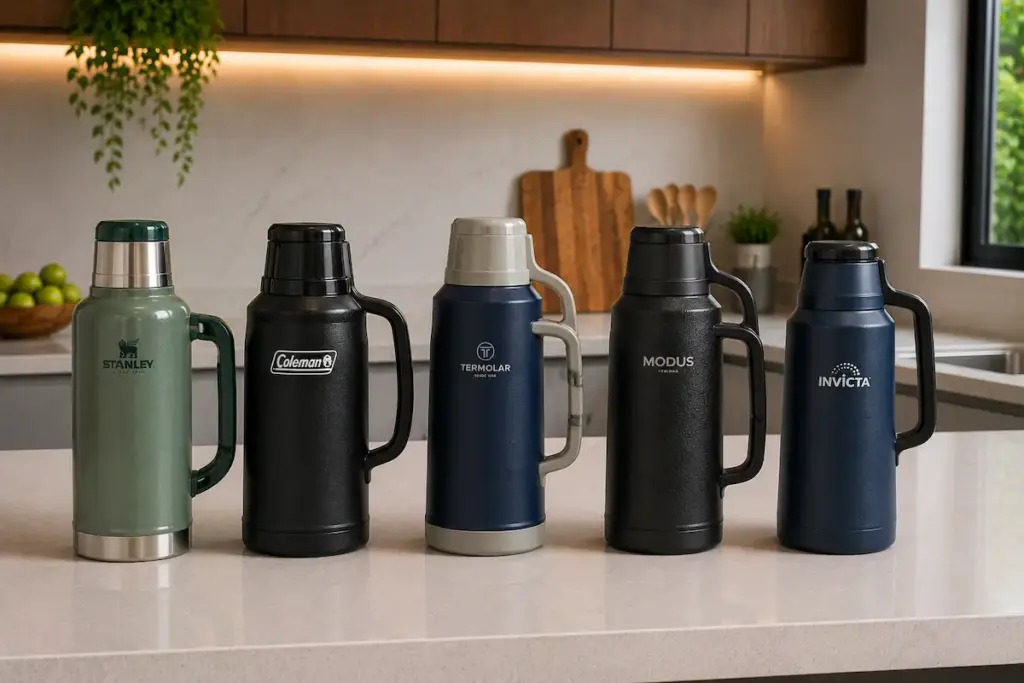 Garrafas térmicas Stanley, Coleman, Termolar, Modus e Invicta na bancada da cozinha