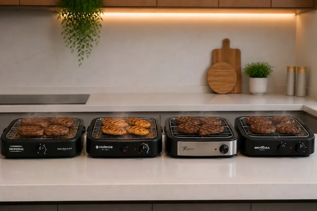 Churrasqueiras elétricas Mondial, Cadence, Fischer e Britânia grelhando carne na bancada