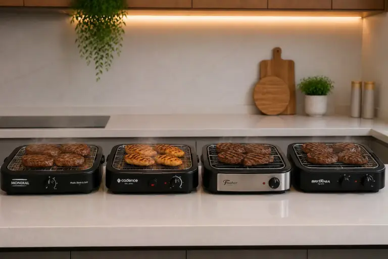 Home Churrasqueiras elétricas Mondial, Cadence, Fischer e Britânia grelhando carne na bancada