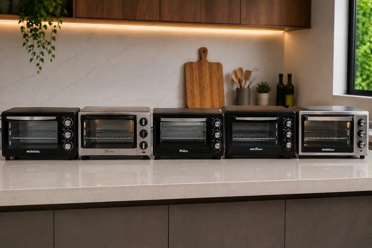 Fornos elétricos de bancada Mondial, Fischer, Philco, Britânia e Nardelli na bancada da cozinha