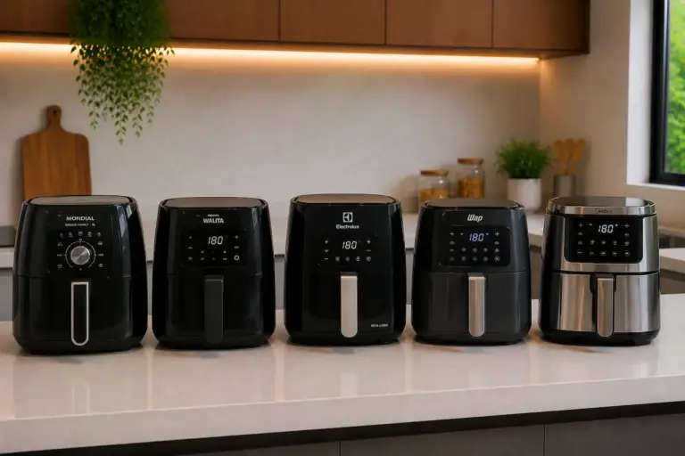 Home Fritadeiras elétricas air fryer Mondial, Philips Walita, Electrolux, WAP e Midea na bancada da cozinha
