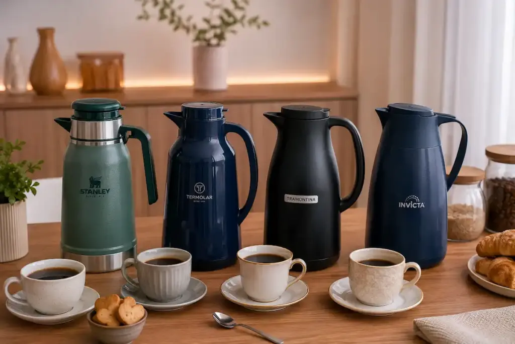 Garrafas térmicas para café Stanley, Termolar, Tramontina e Invicta na mesa com xícaras