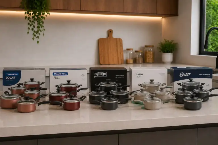 Jogos de panelas Tramontina Solar, Tramontina Paris, Brinox, Mimo Style e Oster na bancada da cozinha