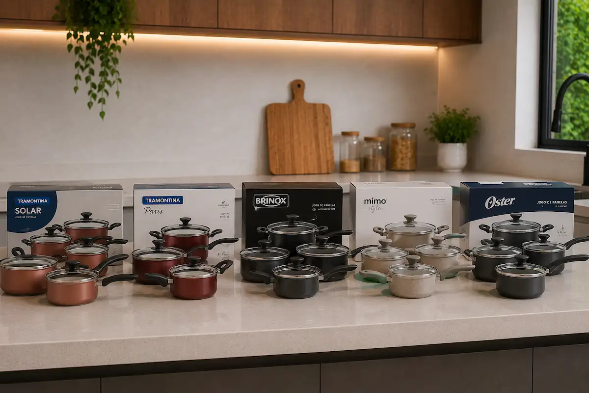 Jogos de panelas Tramontina Solar, Tramontina Paris, Brinox, Mimo Style e Oster na bancada da cozinha