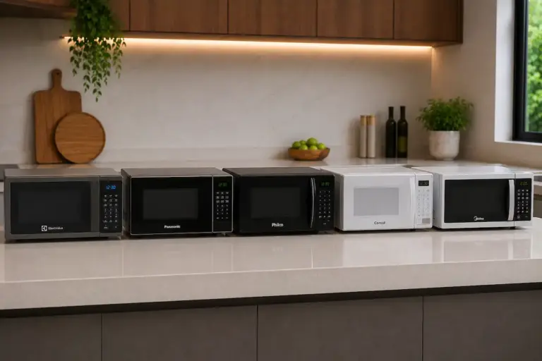 Micro-ondas Electrolux, Panasonic, Philco, Consul e Midea na bancada da cozinha