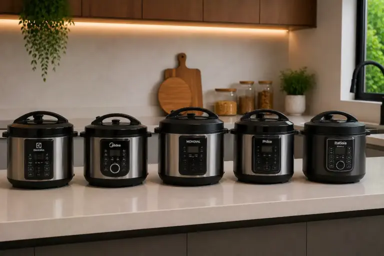 Panelas de pressão elétricas Electrolux, Midea, Mondial, Philco e Itatiaia na bancada da cozinha