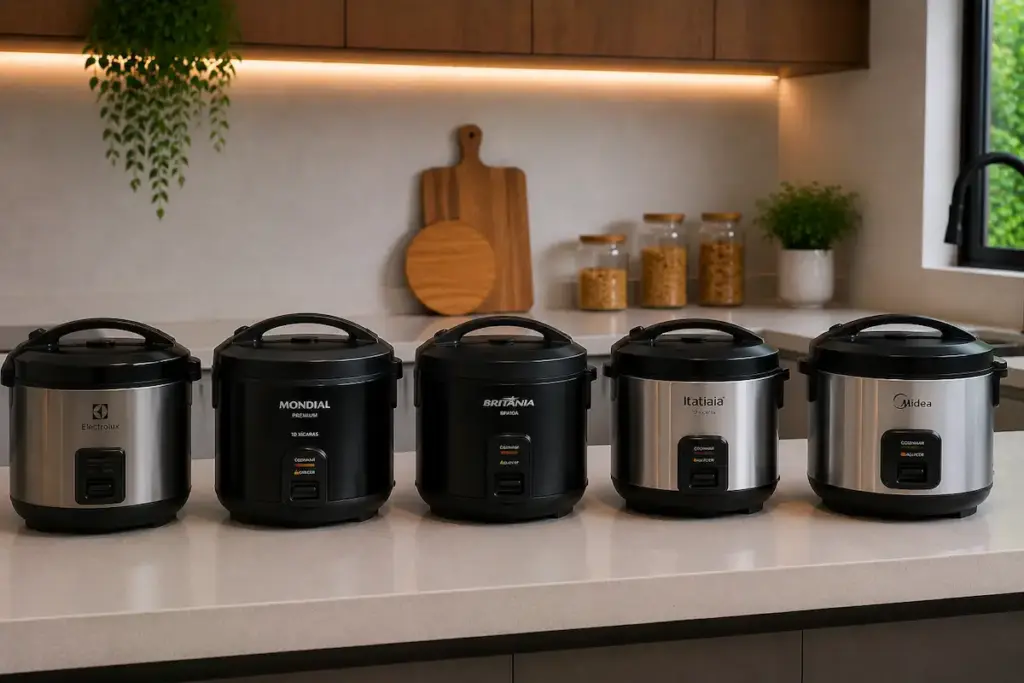 Panelas elétricas de arroz Electrolux, Mondial, Britânia, Itatiaia e Midea na bancada da cozinha