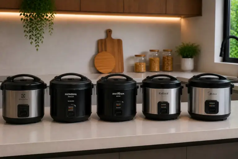 Home Panelas elétricas de arroz Electrolux, Mondial, Britânia, Itatiaia e Midea na bancada da cozinha