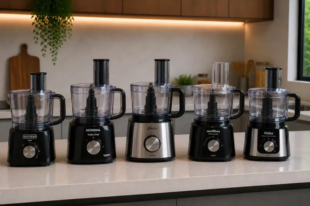 Processadores de alimentos Black+Decker, Mondial, Oster, Britânia e Philco na bancada da cozinha