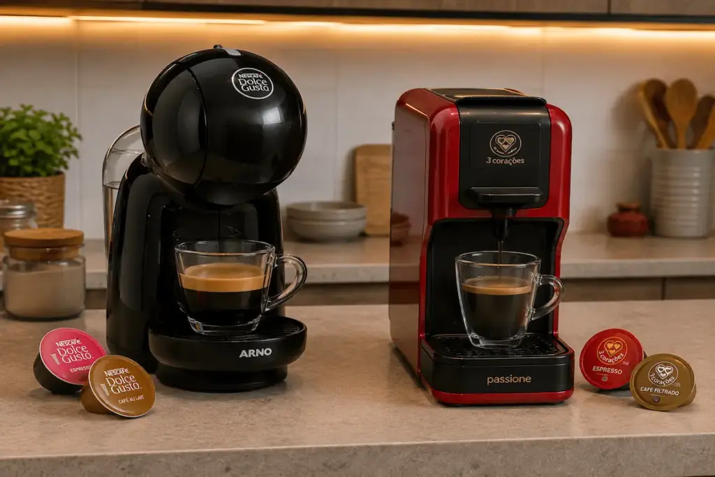 Cafeteiras de cápsula Dolce Gusto e Três Corações lado a lado sobre bancada