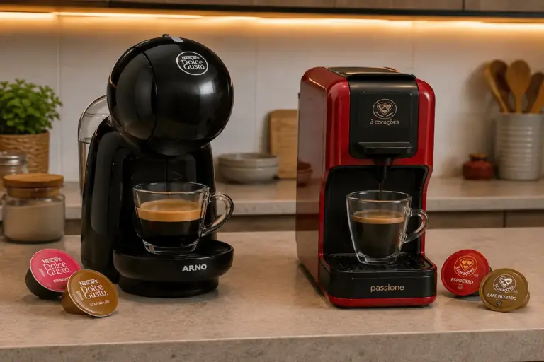 Cafeteiras de cápsula Dolce Gusto e Três Corações lado a lado sobre bancada