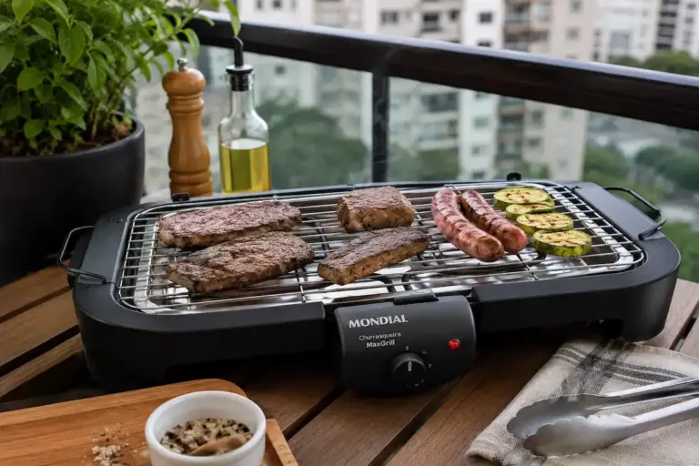 Churrasqueira elétrica de mesa com bandeja de água em varanda de apartamento