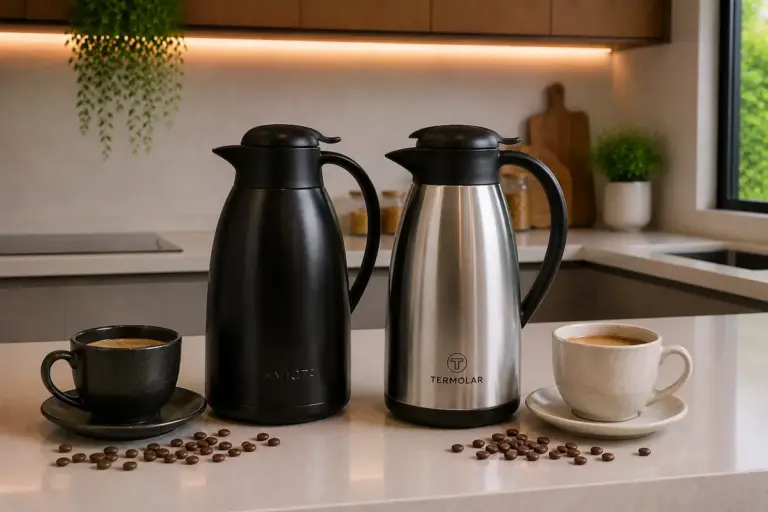 Garrafas térmicas Invicta e Termolar lado a lado com xícaras de café