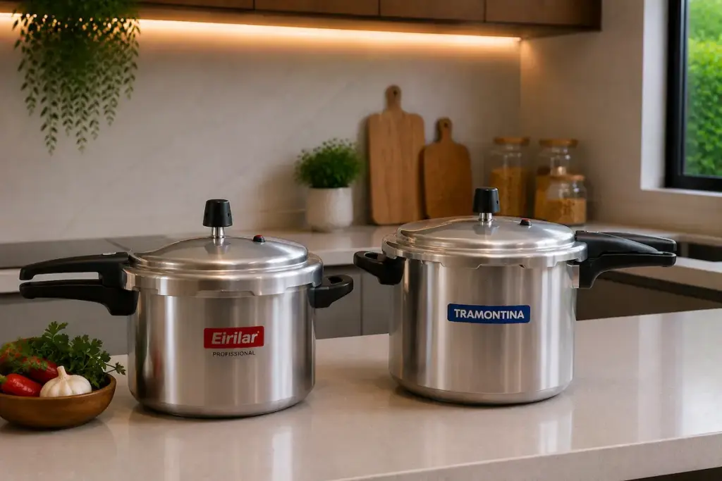 Panelas de pressão Eirilar e Tramontina lado a lado na bancada da cozinha