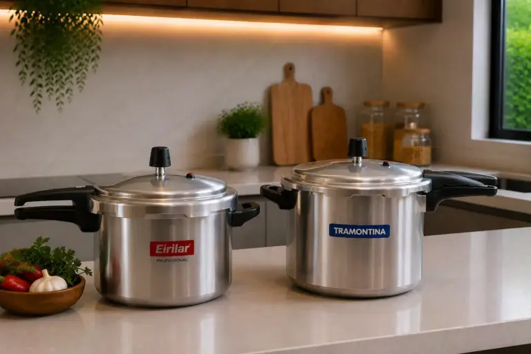 Panelas de pressão Eirilar e Tramontina lado a lado na bancada da cozinha