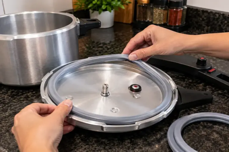 Anel de vedação de silicone sendo encaixado na tampa de uma panela de pressão de alumínio