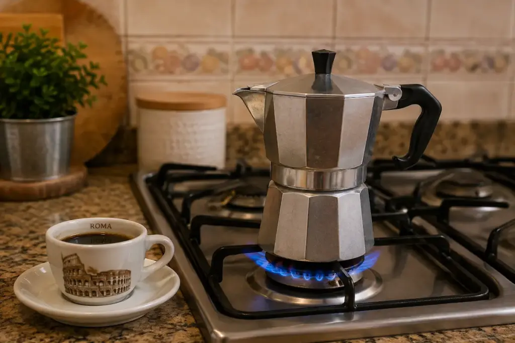 Cafeteira italiana moka de alumínio sobre a boca do fogão com xícara de café ao lado