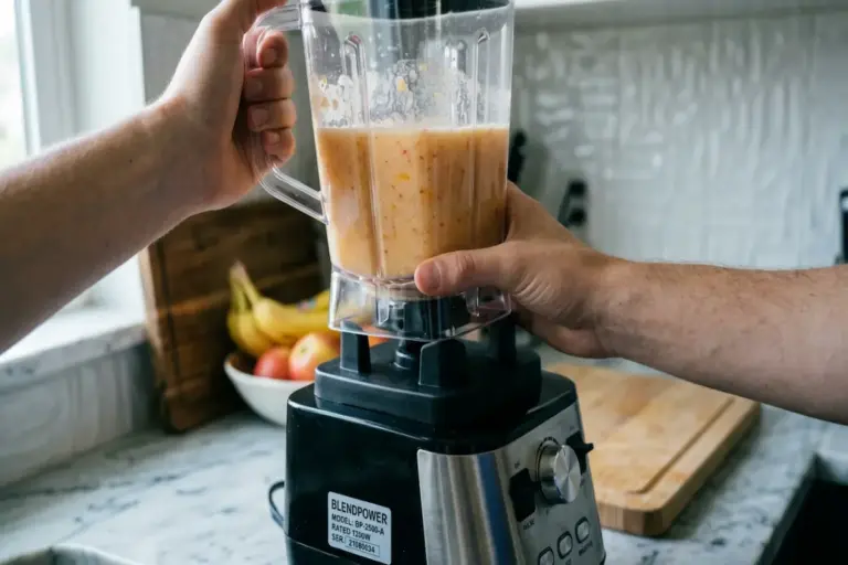 Copo de liquidificador de acrílico sendo encaixado na base do motor, com a etiqueta do modelo visível