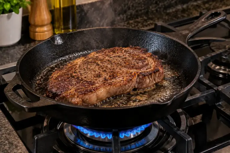 Frigideira de ferro fundido preta sobre a chama de fogão a gás, com bife selando