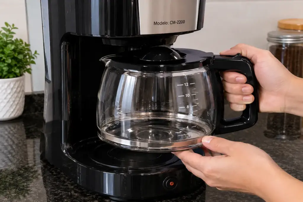 Jarra de vidro de cafeteira sendo encaixada na placa aquecedora, com a tampa preta e o código do modelo visível