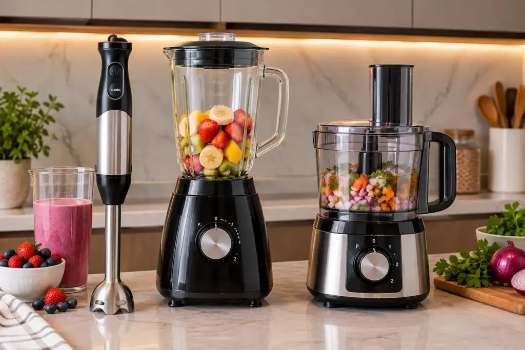Mixer de imersão, liquidificador e processador de alimentos lado a lado sobre bancada de cozinha