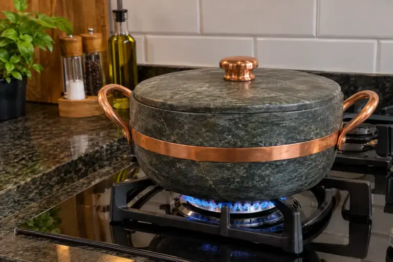Panela de pedra sabão com alças de cobre sobre a boca do fogão a gás