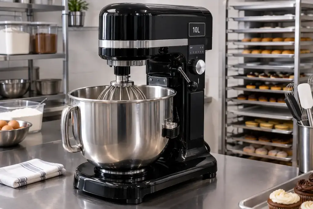 Batedeira planetária profissional com tigela de inox numa bancada de confeitaria