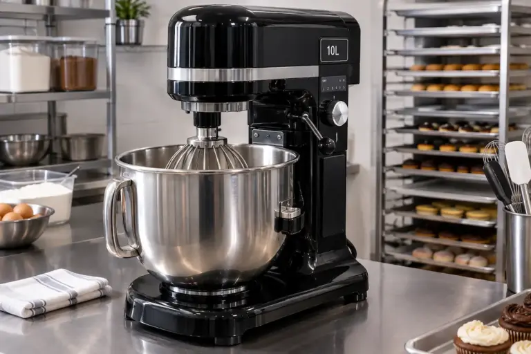Batedeira planetária profissional com tigela de inox numa bancada de confeitaria