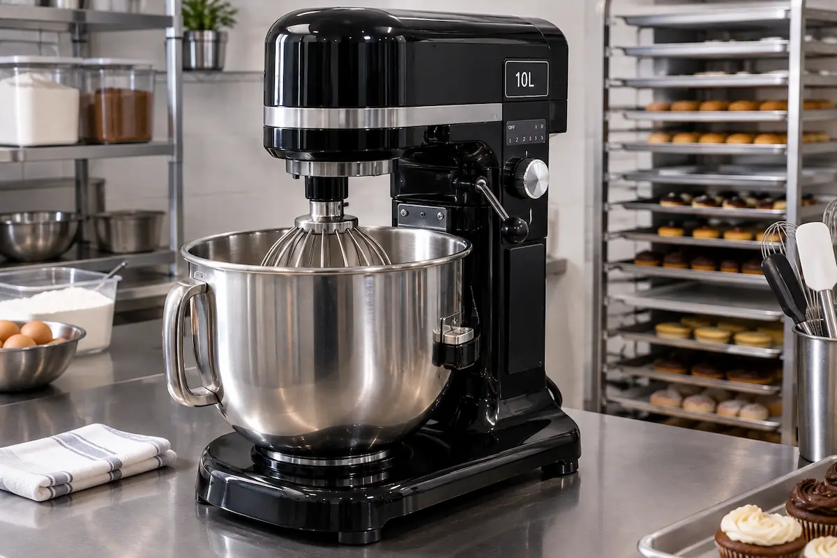 Batedeira planetária profissional com tigela de inox numa bancada de confeitaria