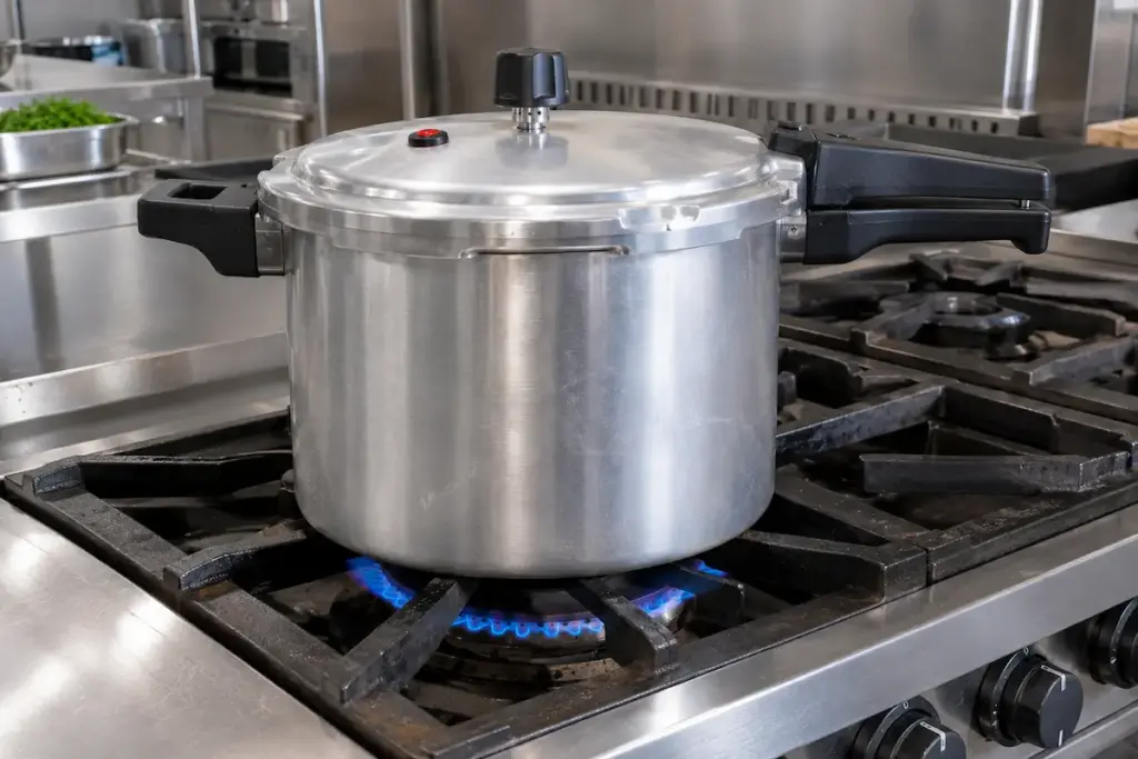 Panela de pressão industrial de alumínio sobre a boca de um fogão industrial